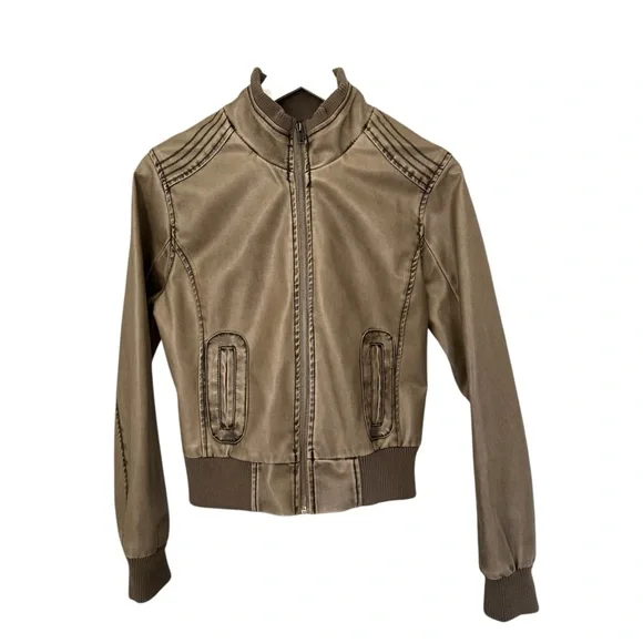 Blue Spice Womens Size Large Faux Leather Bomber Coat Jacket Full Zip Brown Tan - Picture 13 of 14